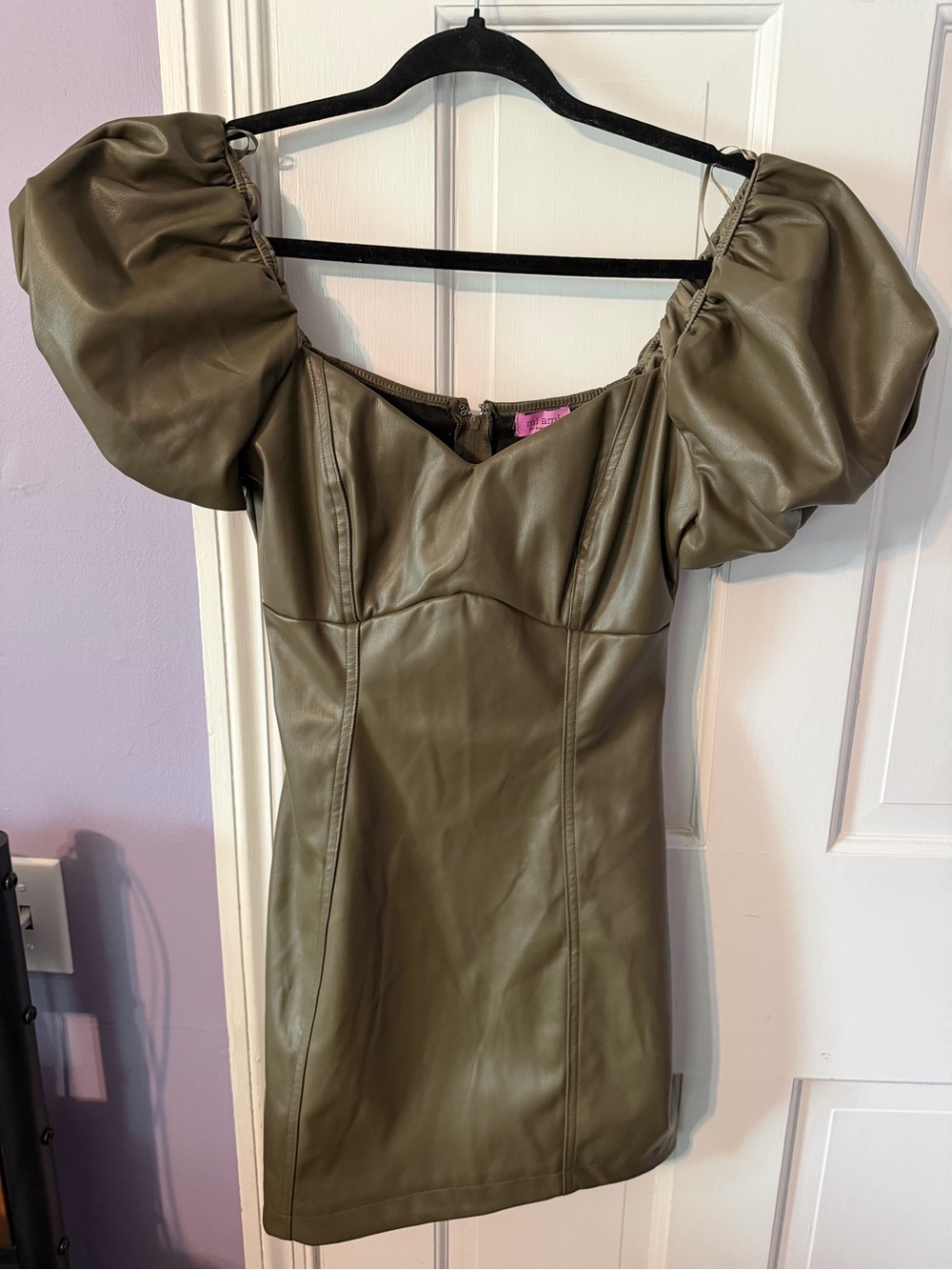 Francesca's Collections Olive Green Faux Leather Puff Sleeve Mini Dress